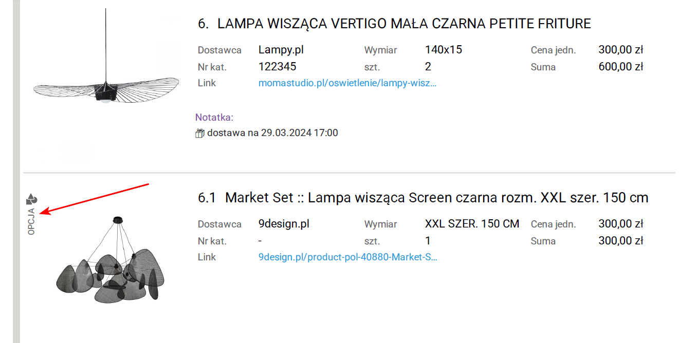 Oznaczenie produktu jako opcjonalny w KIS List