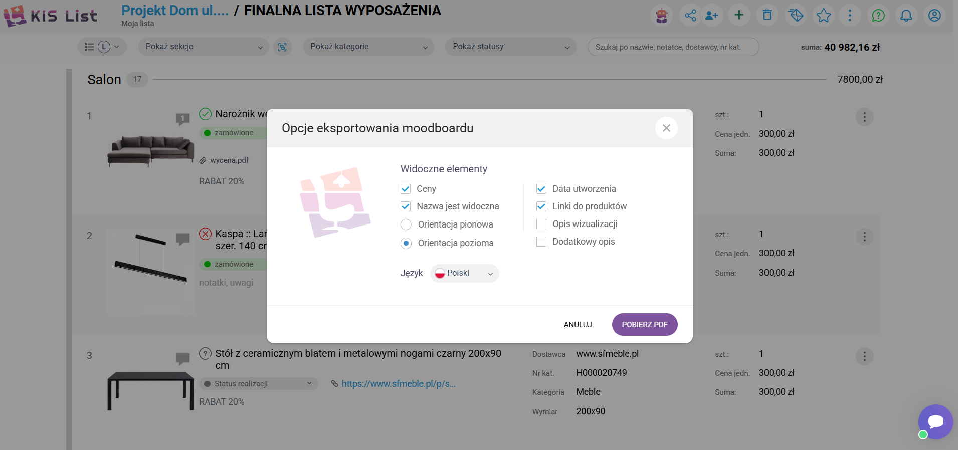 Opcje eksportowania moodboardu w KIS List