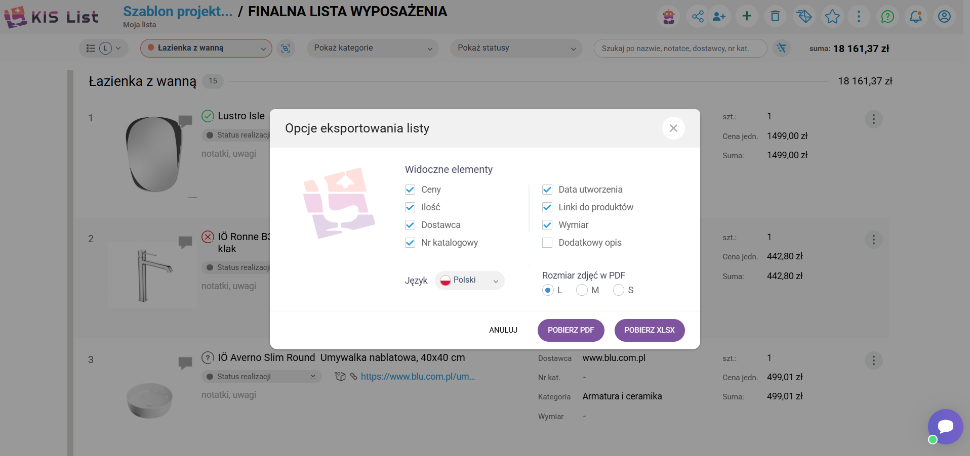 Opcje eksportowania listy PDF w KIS List