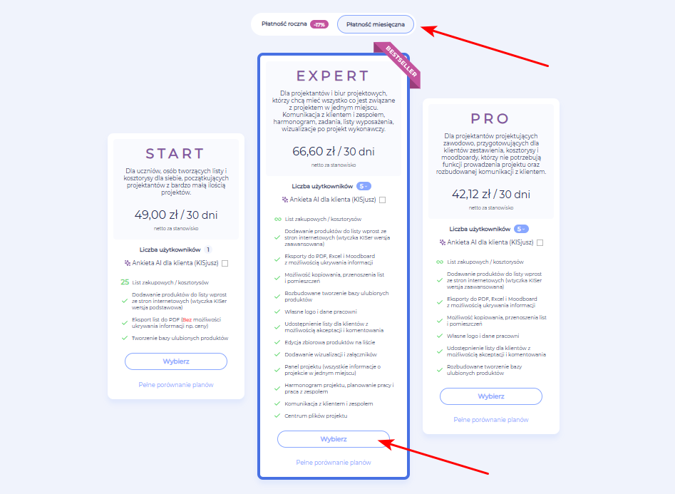 Wybór rodzaju płatności w KIS List