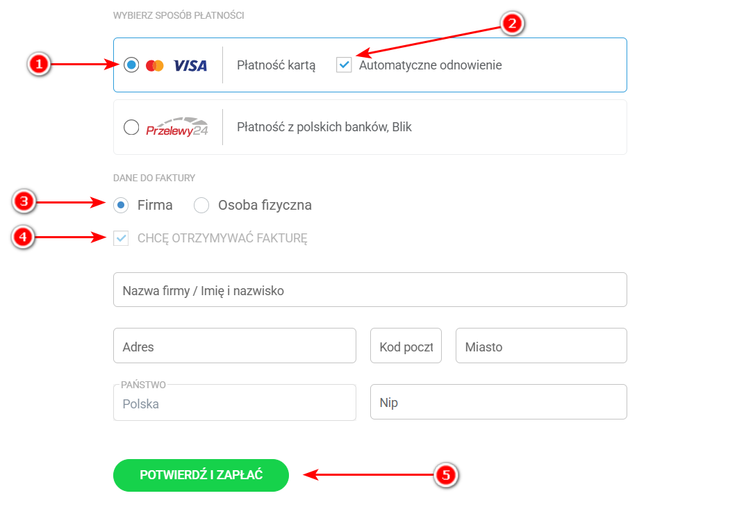 Wybór płatności comiesięcznej w KIS List