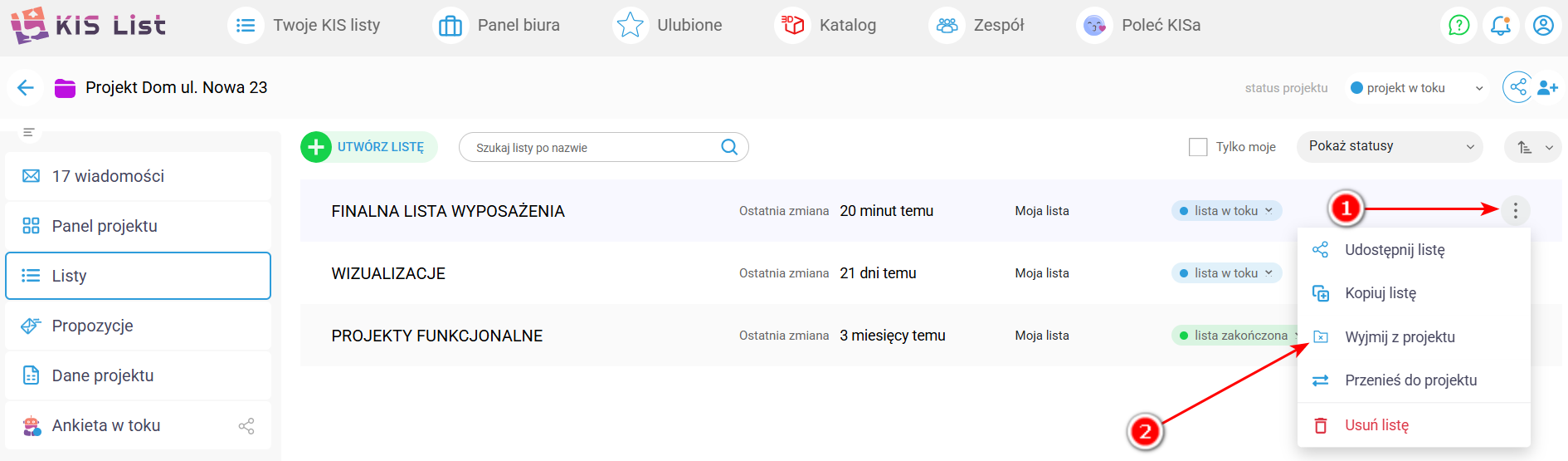Listy w projekcie w KIS List