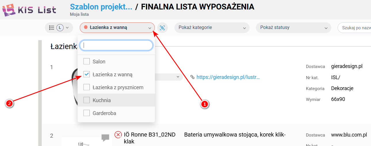 Filtrowanie w KIS List